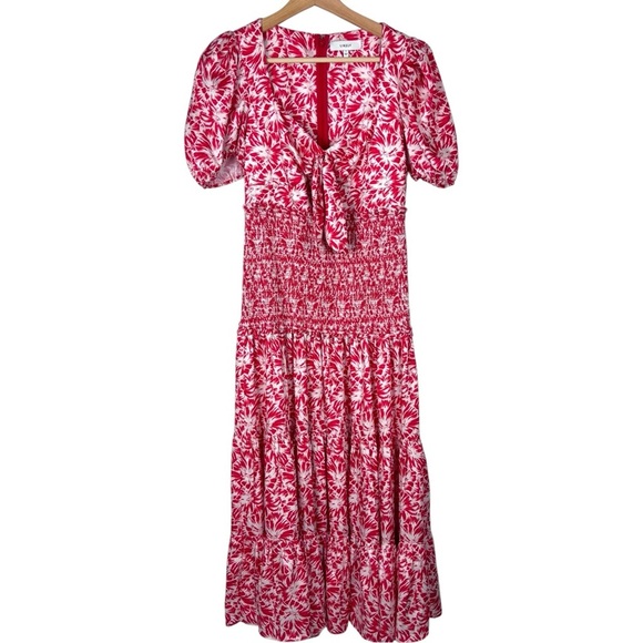 LIKELY AVRA BITTERSWEET & WHITE FLORAL SMOCK WAIST PUFF SLEEVE V NECK MIDI DRESS - Picture 4 of 15